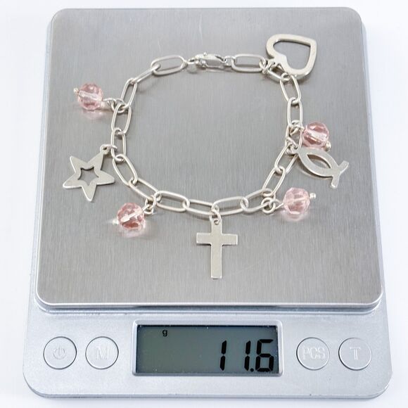 Vintage Sterling Silver 925 Religious Pink Crystal Charm Bracelet 7" - Picture 5 of 5